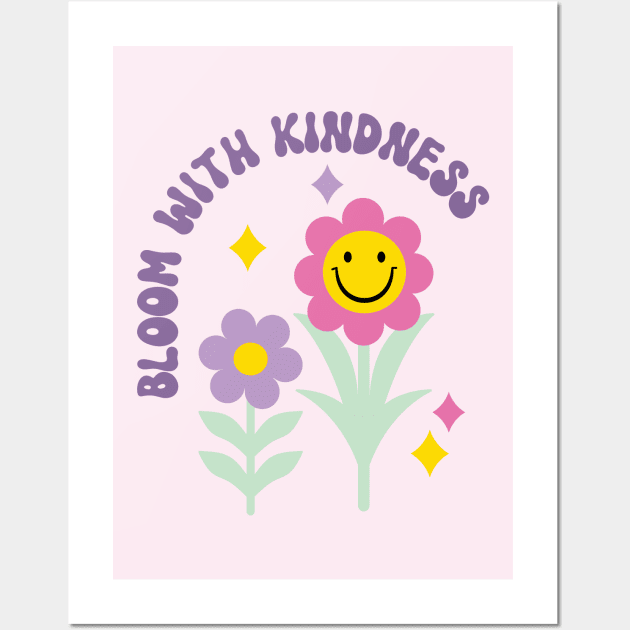 Bloom with Kindness, Retro Flowers and Smiley Face Wall Art by Just a Cute World